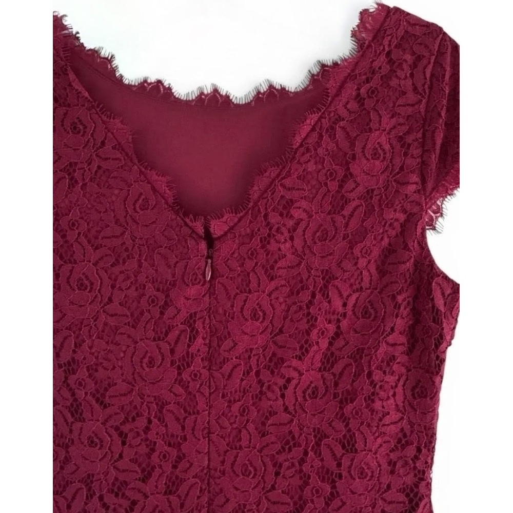 Eliza J Burgundy Lace Sheath Dress Cap Sleeve Scalloped Eyelash Trim Size 12 - Picture 9 of 12